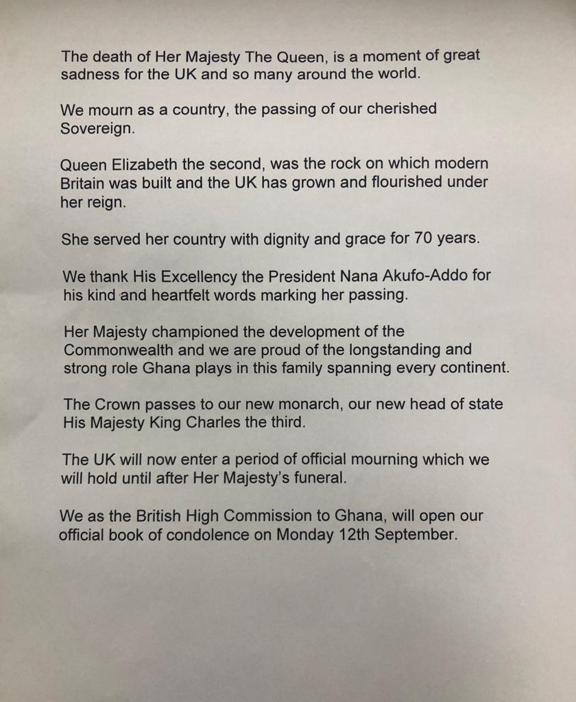 "She served her country with grace and dignity for 70 years" - British High Commission in Accra