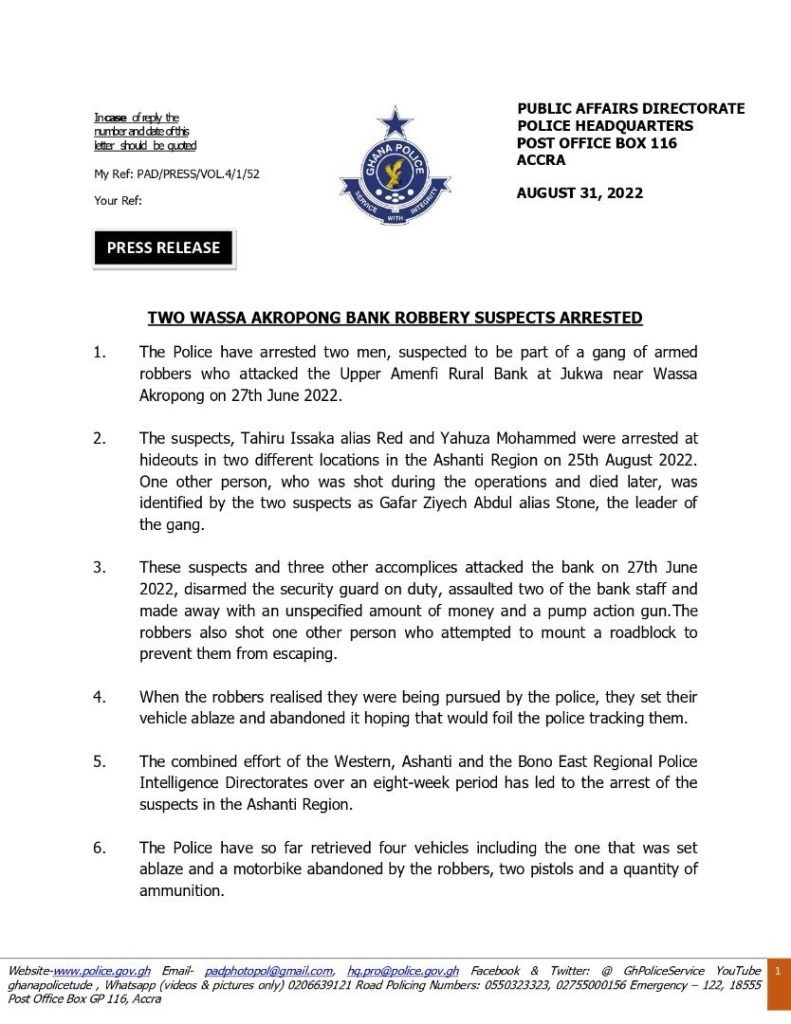 Wassa Akropong: Police arrest 2 suspects in Upper Amenfi Rural Bank robbery