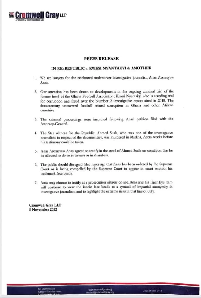 Disregard reports of Supreme Court compelling Anas to appear in court without face beads - Lawyers