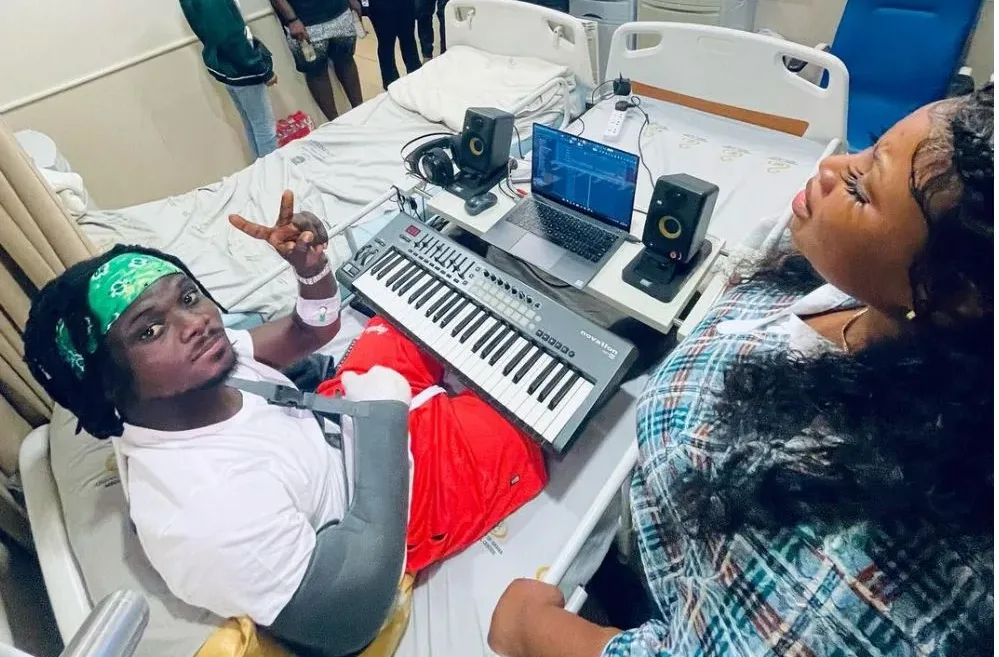 Kuami Eugene shares post-accident recovery photos; grateful to fans for prayers and support