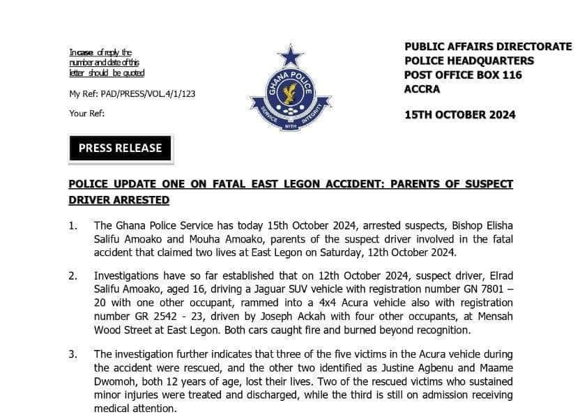 Victims of East Legon accident were two 12-year-old girls - Police